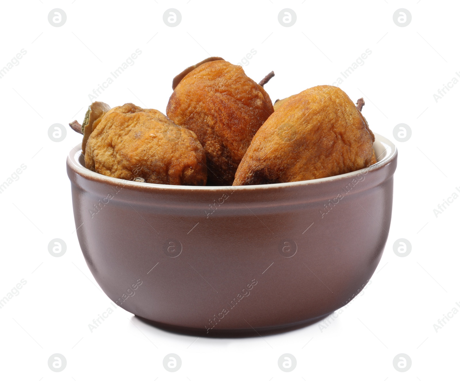 Photo of Tasty dried persimmon fruits in bowl on white background