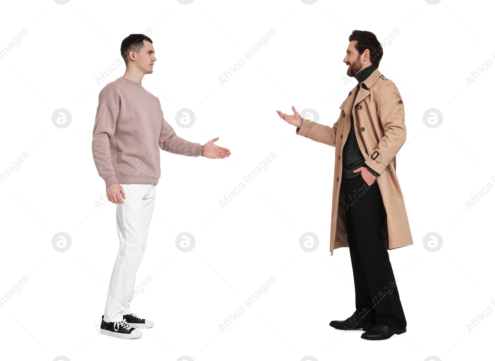 Image of Two men talking on white background. Dialogue