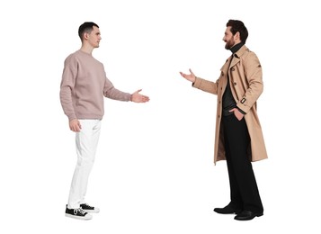 Two men talking on white background. Dialogue