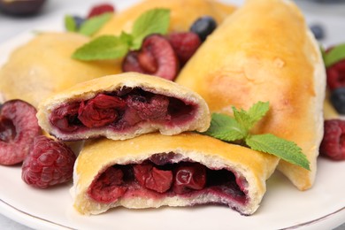 Photo of Delicious samosas, berries and mint leaves on plate, closeup