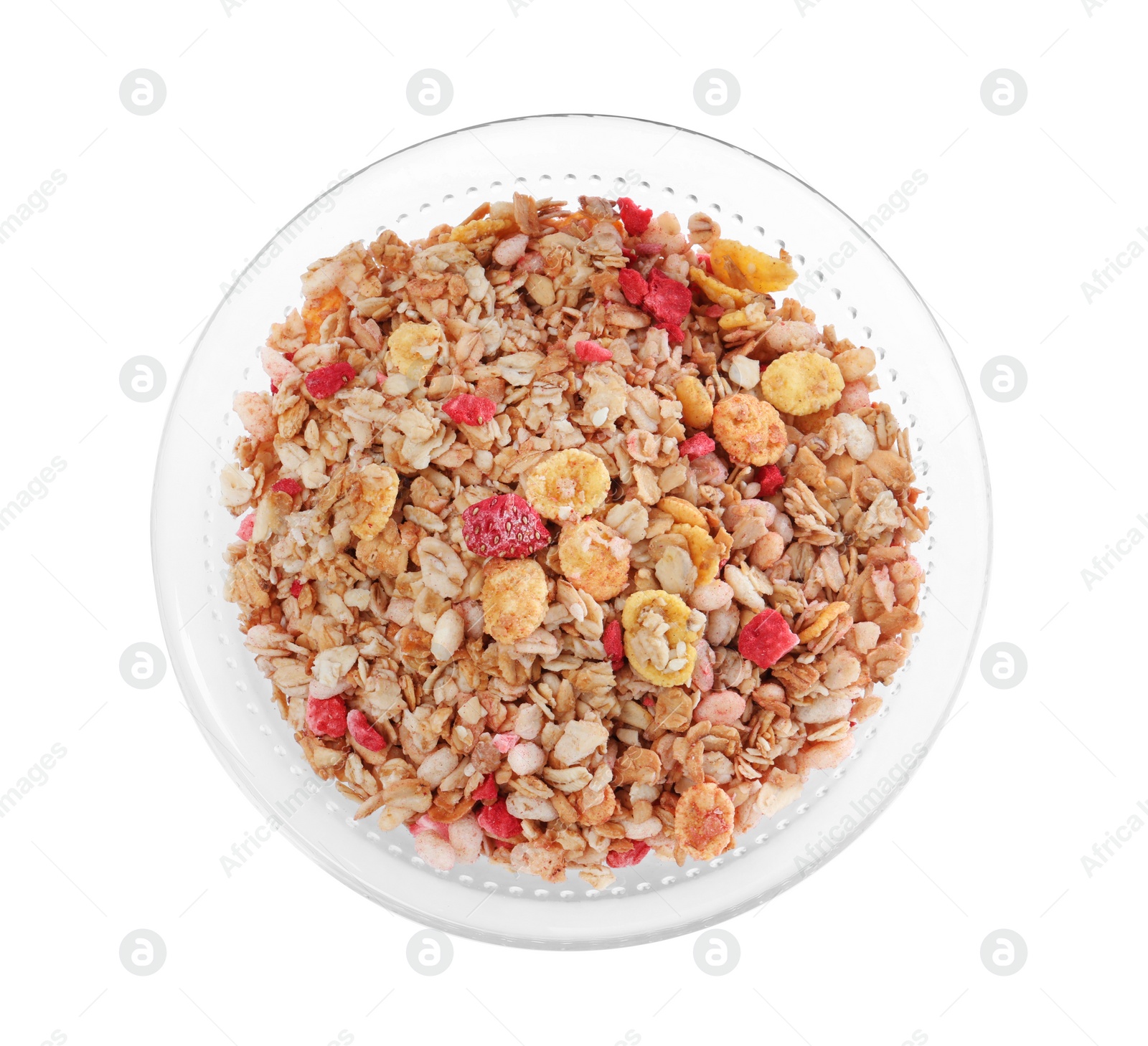 Photo of Granola in bowl on white background, top view. Healthy snack