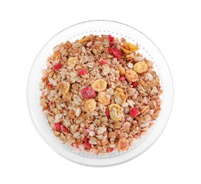 Photo of Granola in bowl on white background, top view. Healthy snack