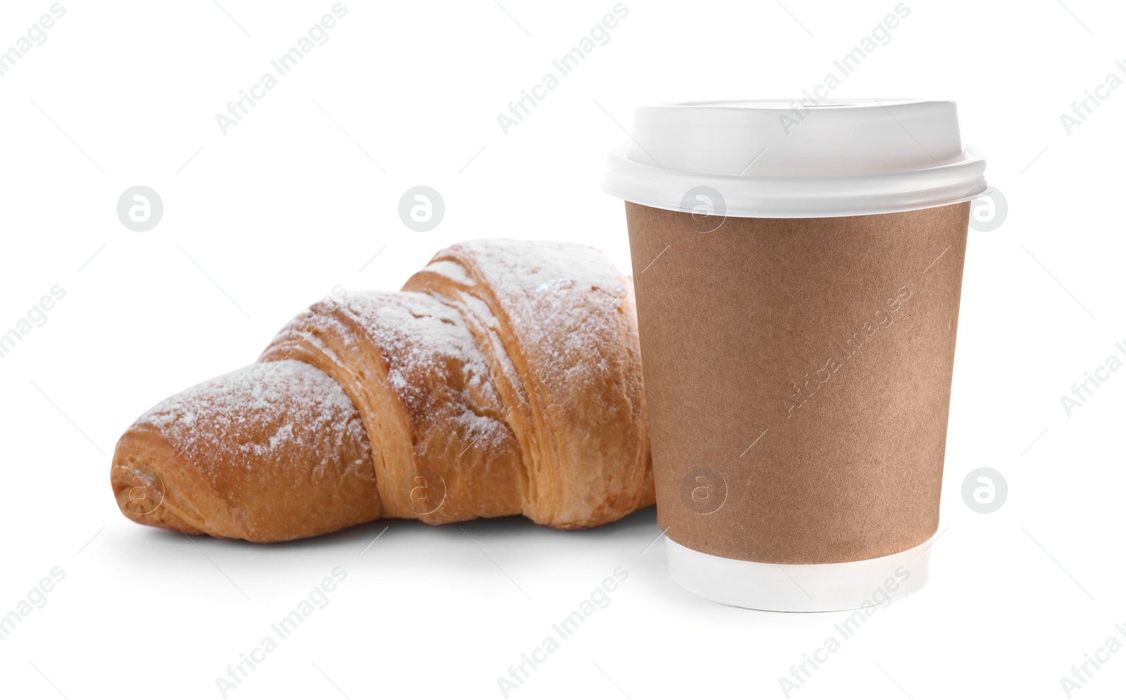 Photo of Fresh croissant and drink on white background