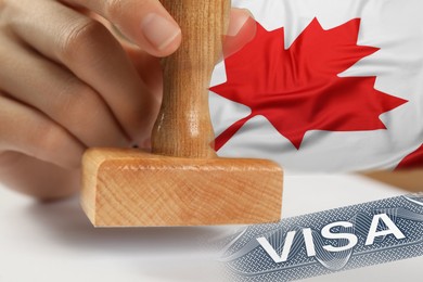 Image of Double exposure of woman stamping visa document and Canada flag, closeup