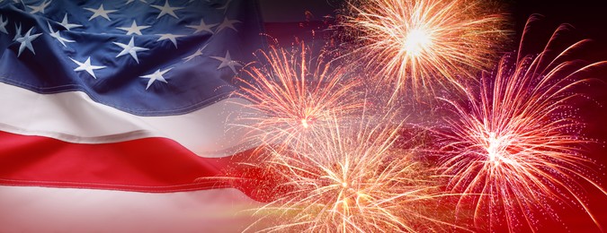Image of American flag and fireworks, banner design. Independence Day of USA