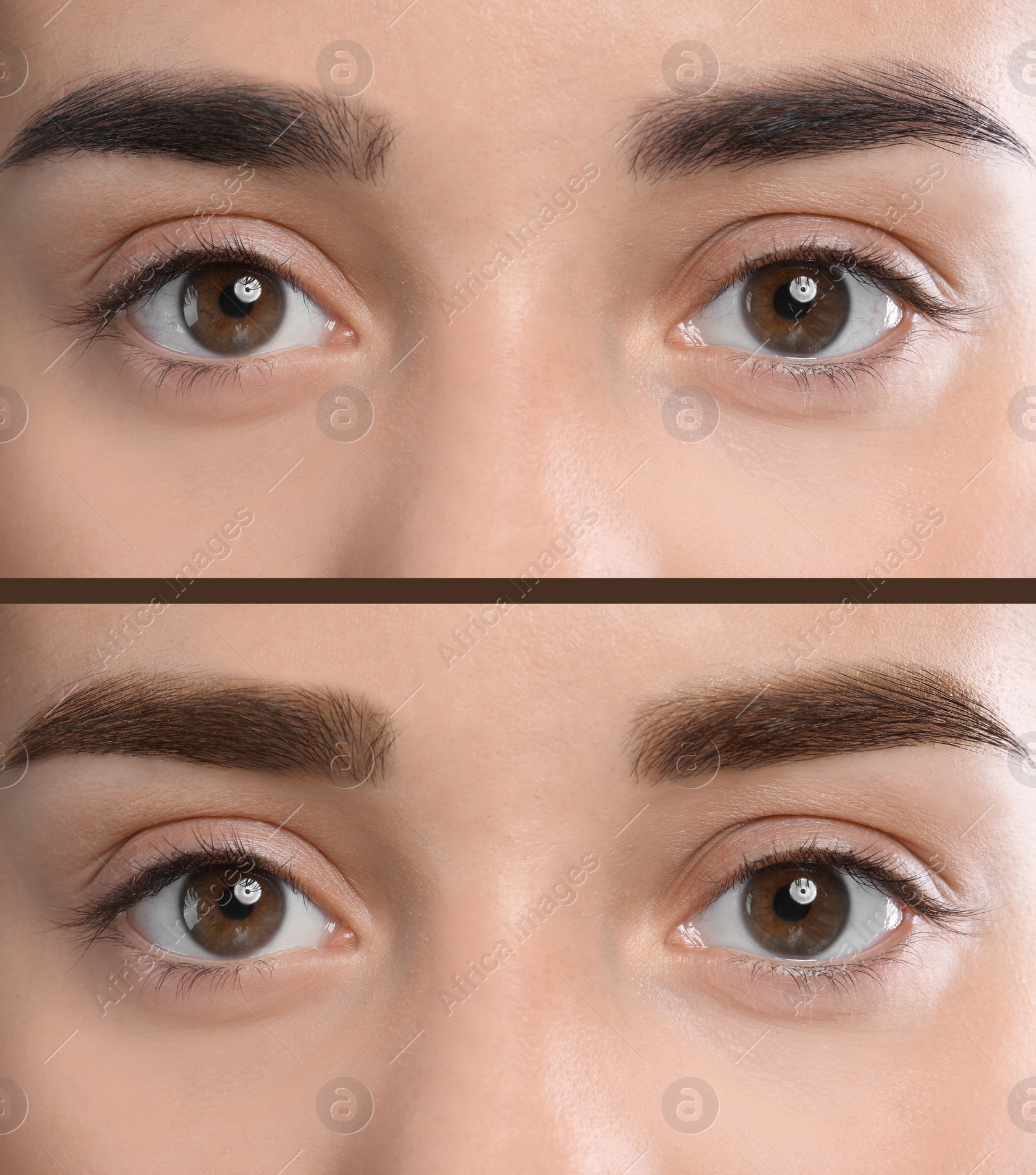 Image of Collage with photos of woman before and after eyebrows dyeing with henna, closeup