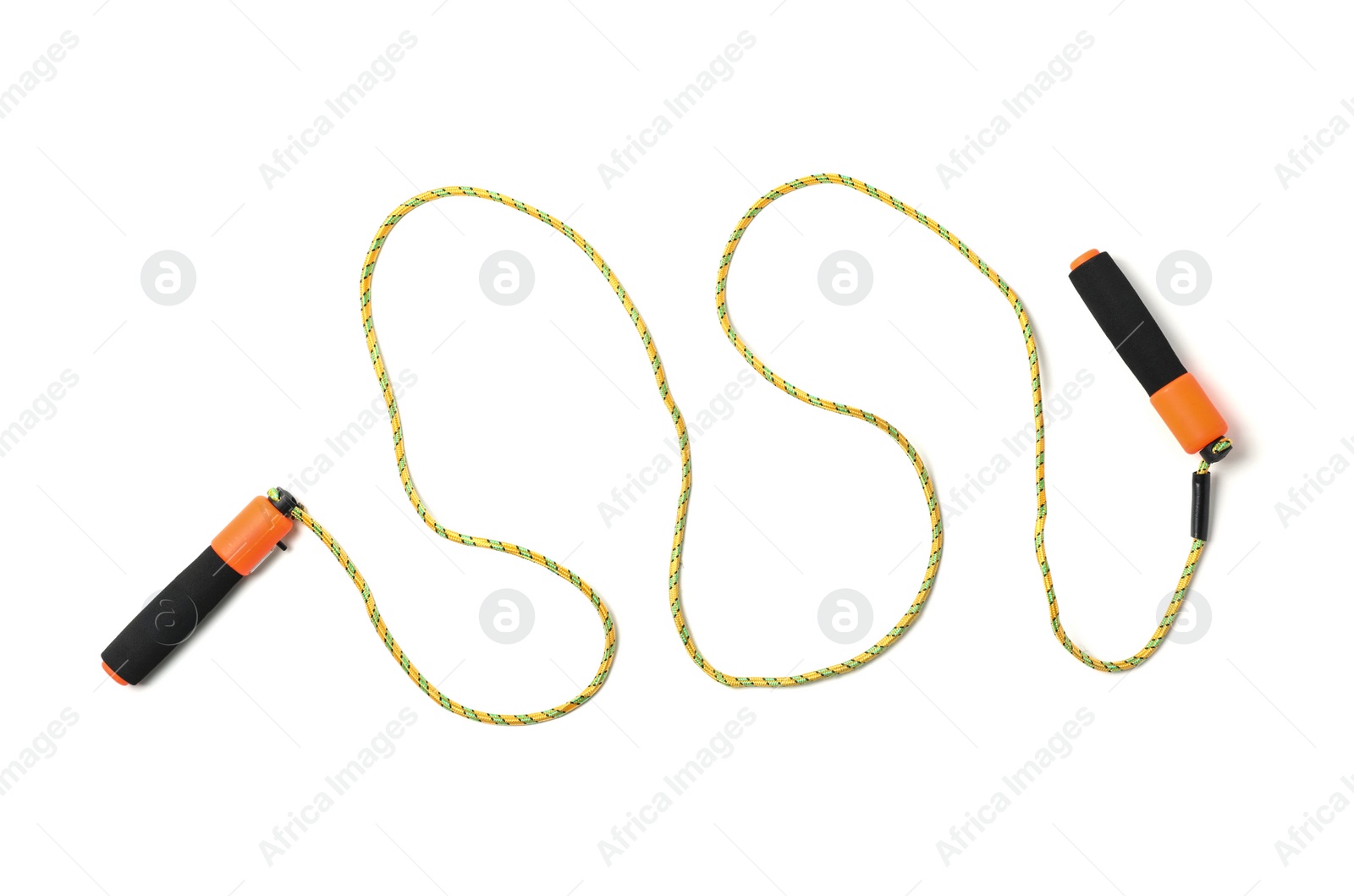 Photo of Jump rope on white background, top view