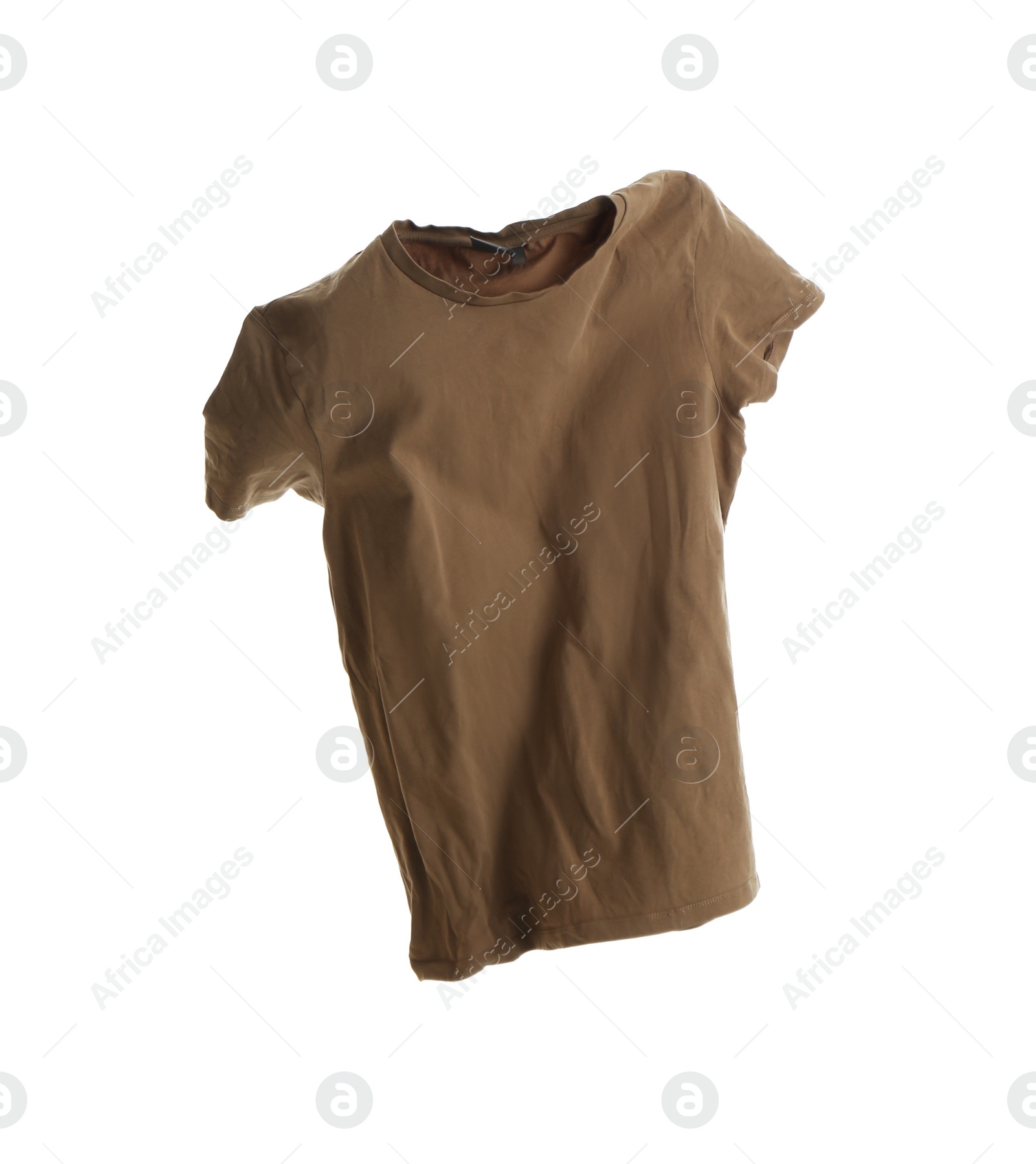 Photo of Brown t-shirt isolated on white. Stylish clothes