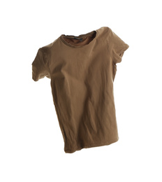 Photo of Brown t-shirt isolated on white. Stylish clothes