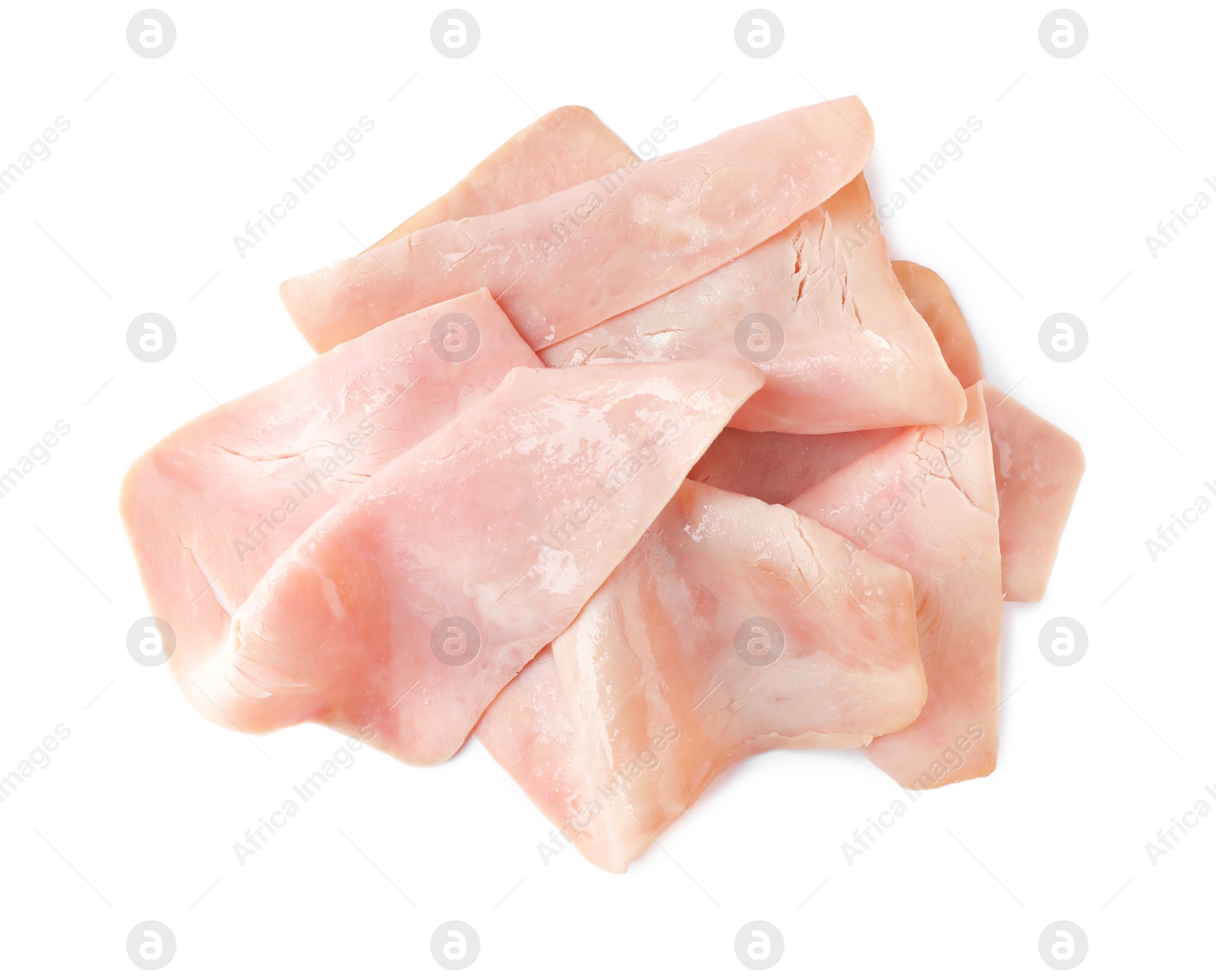 Photo of Delicious ham slices isolated on white, top view