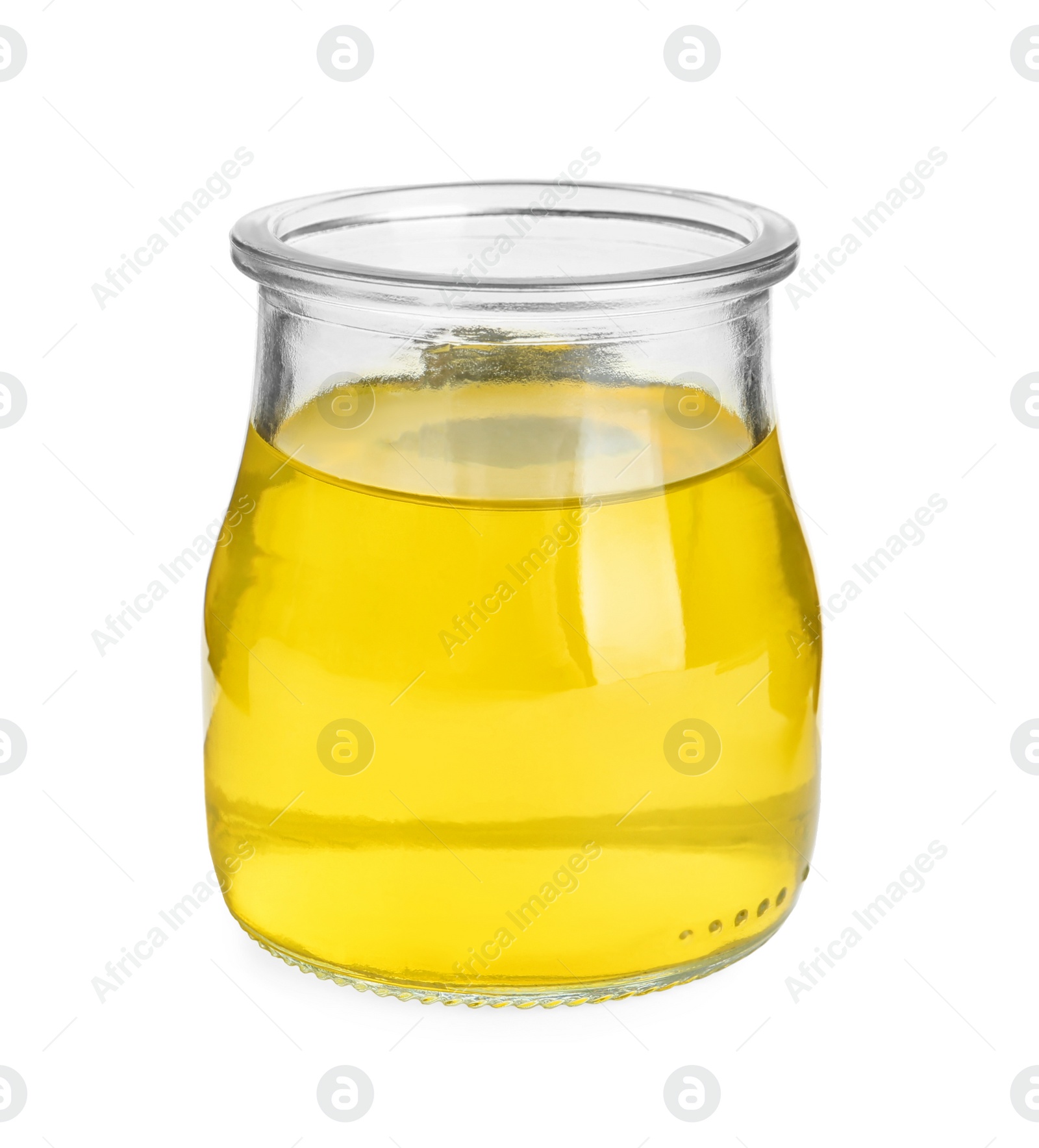 Photo of Tasty jelly dessert in glass jar on white background