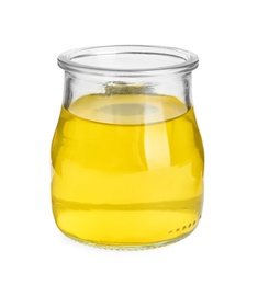 Photo of Tasty jelly dessert in glass jar on white background