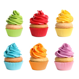 Image of Set of delicious birthday cupcakes on white background