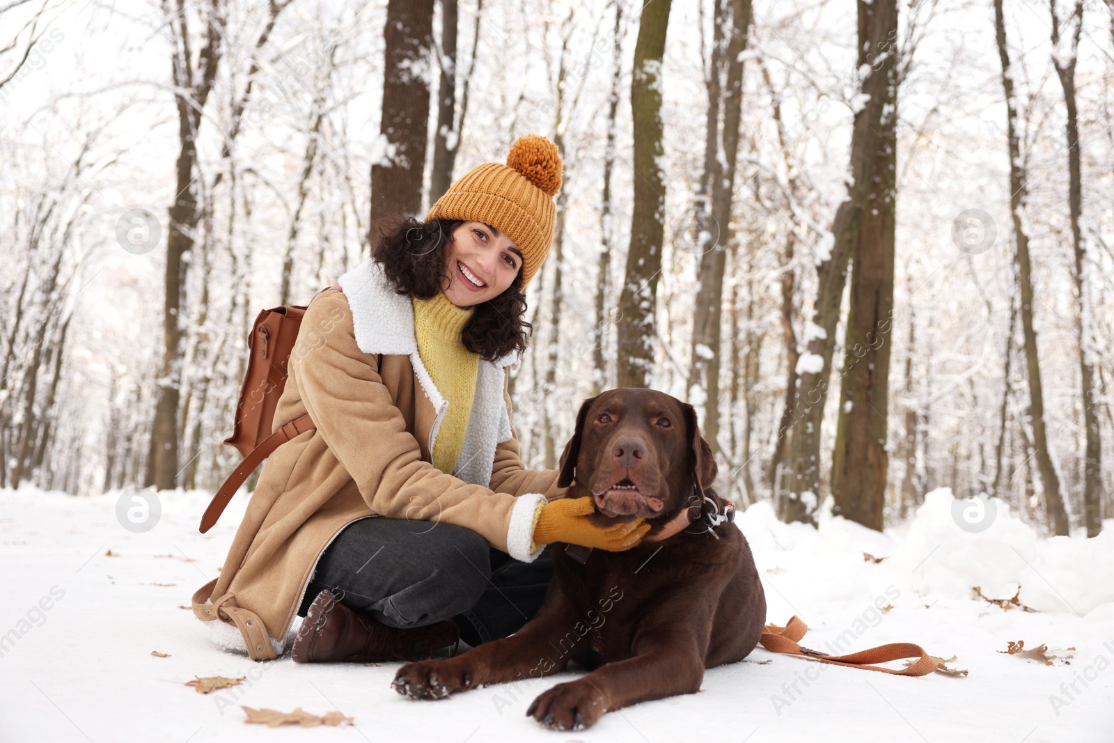 Photo of Woman with adorable Labrador Retriever dog in snowy park