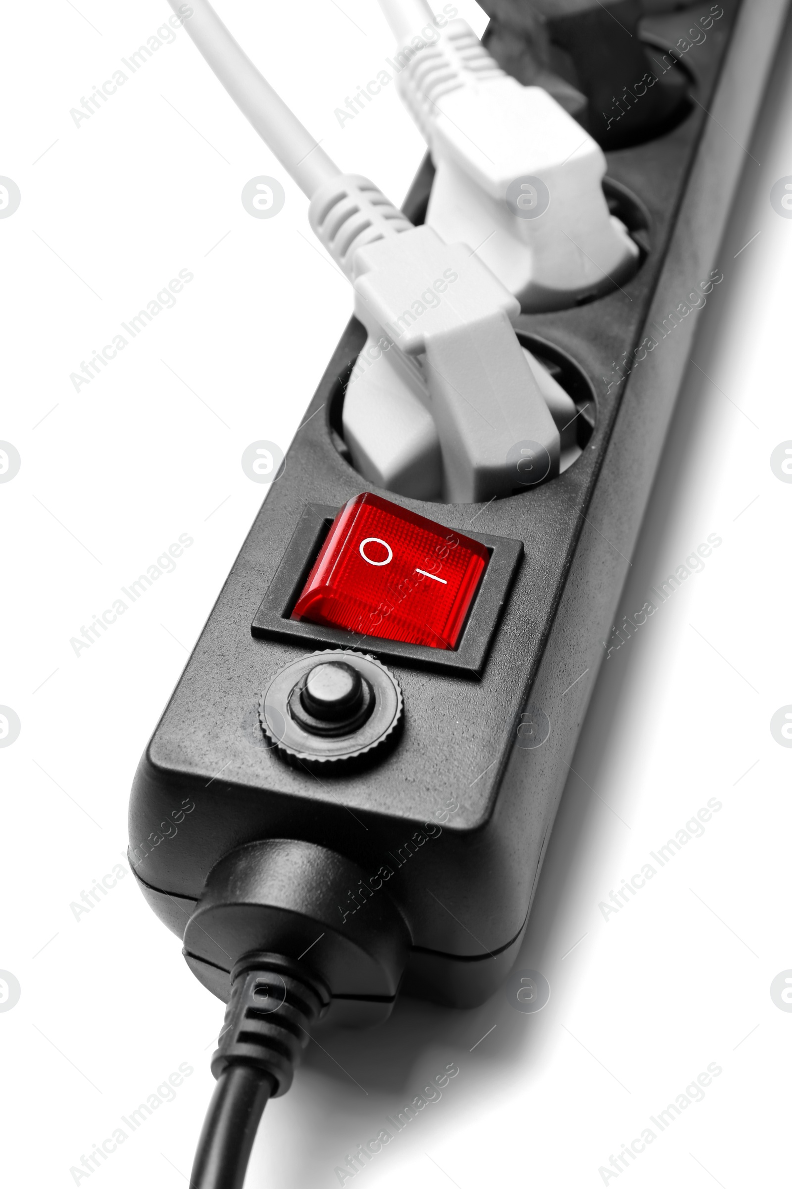 Photo of Extension cord on white background. Electrician's professional equipment