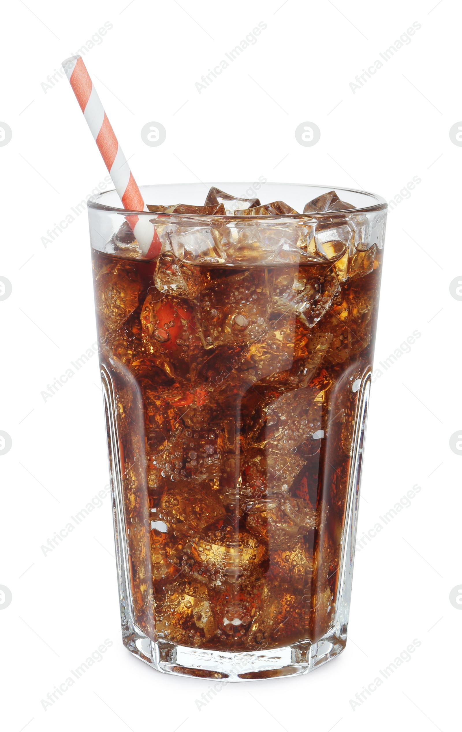 Photo of Glass of refreshing soda drink with ice cubes isolated on white