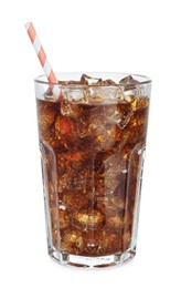 Photo of Glass of refreshing soda drink with ice cubes isolated on white