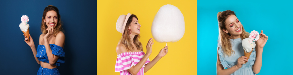 Collage with photos of young woman holding cotton candy on color background. Banner design