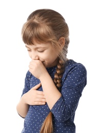 Photo of Little girl coughing on white background