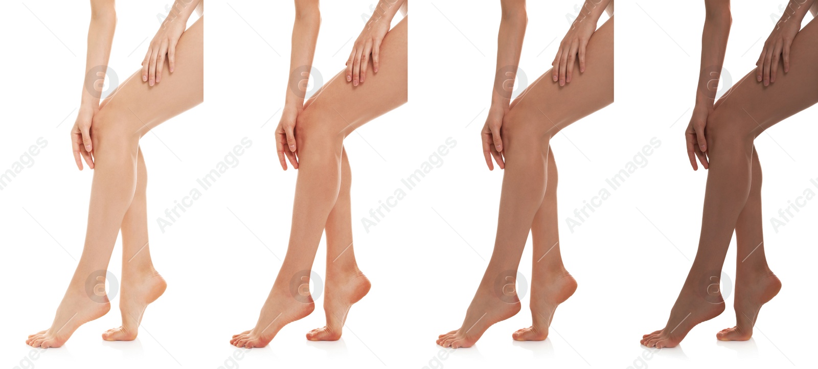 Image of Collage with photos of women with smooth silky skin after epilation, closeup view of legs. Banner design