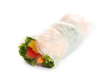 Photo of Delicious roll wrapped in rice paper isolated on white
