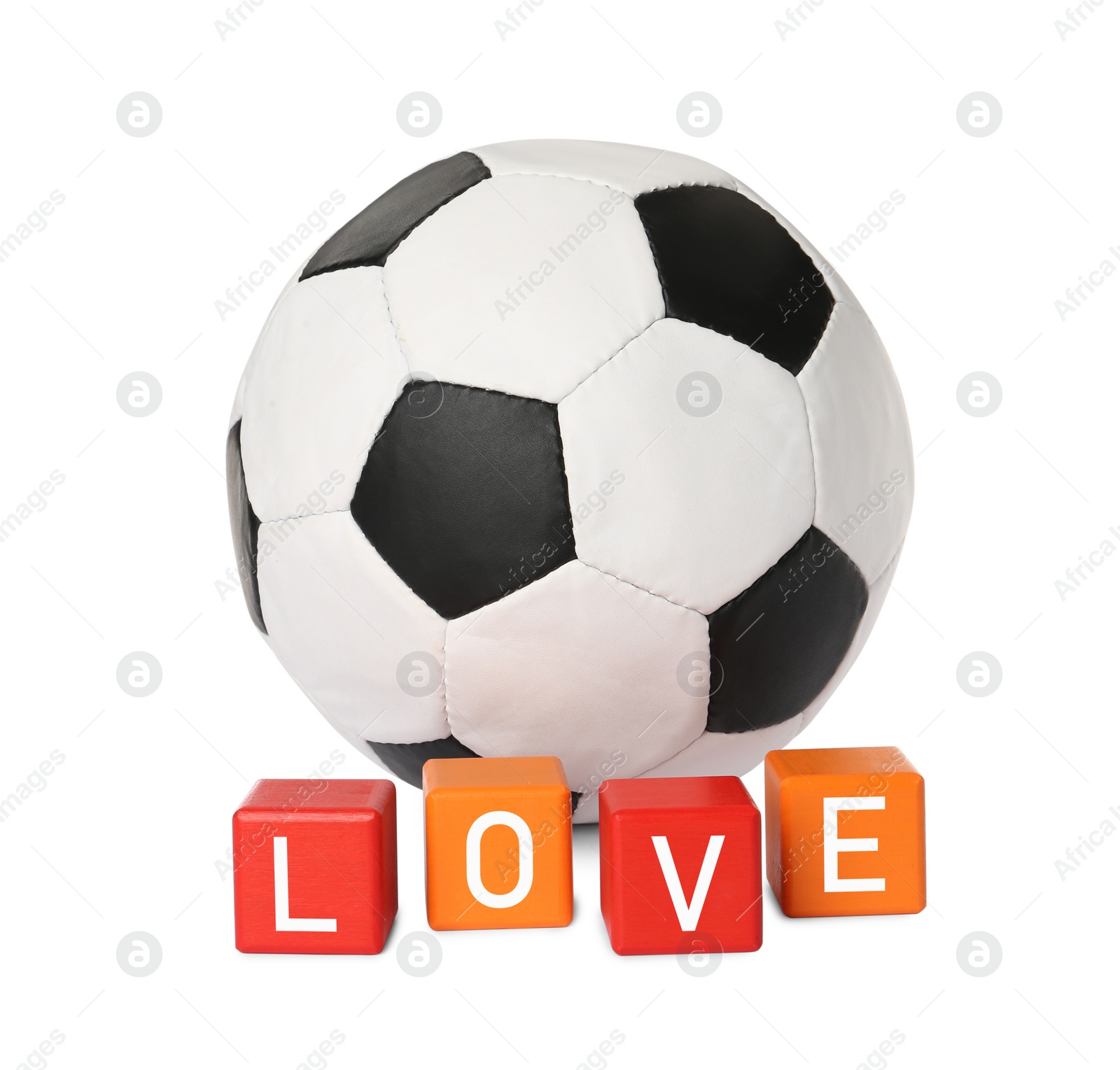 Photo of Soccer ball and cubes with word Love on white background