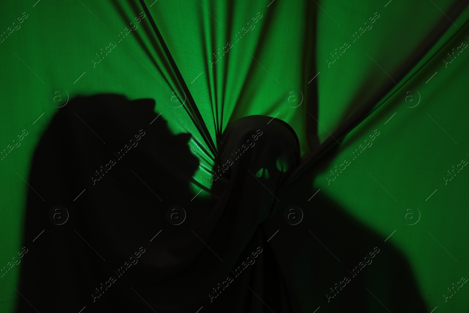 Photo of Silhouette of creepy ghost with skull behind dark green cloth