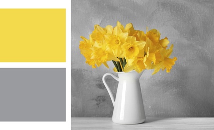 Color of the year 2021. Bouquet of yellow daffodils on table against grey background