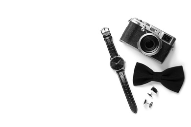 Photo of Composition with luxury wrist watch on white background, top view