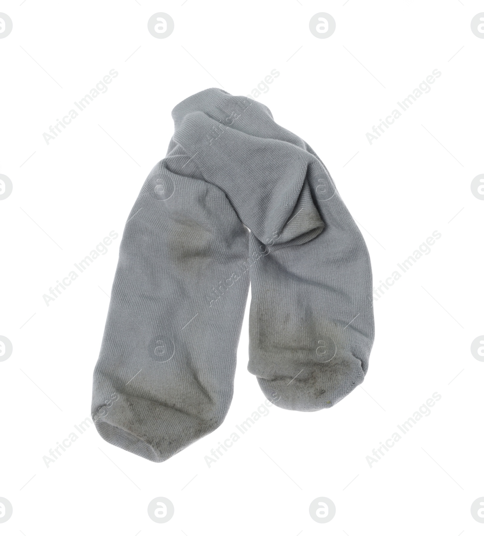 Photo of Pair of dirty socks on white background, top view