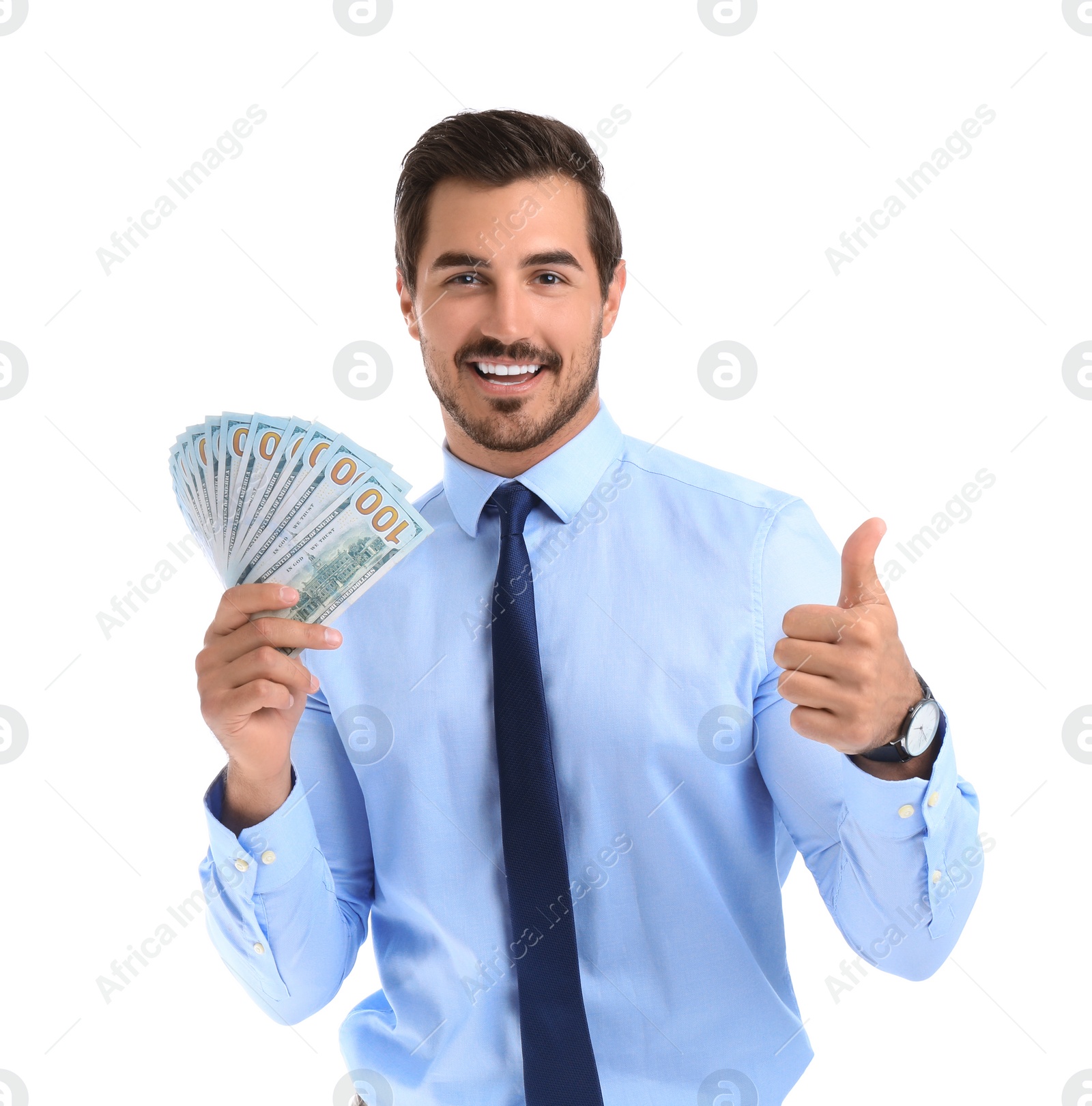 Photo of Handsome businessman with dollars on white background