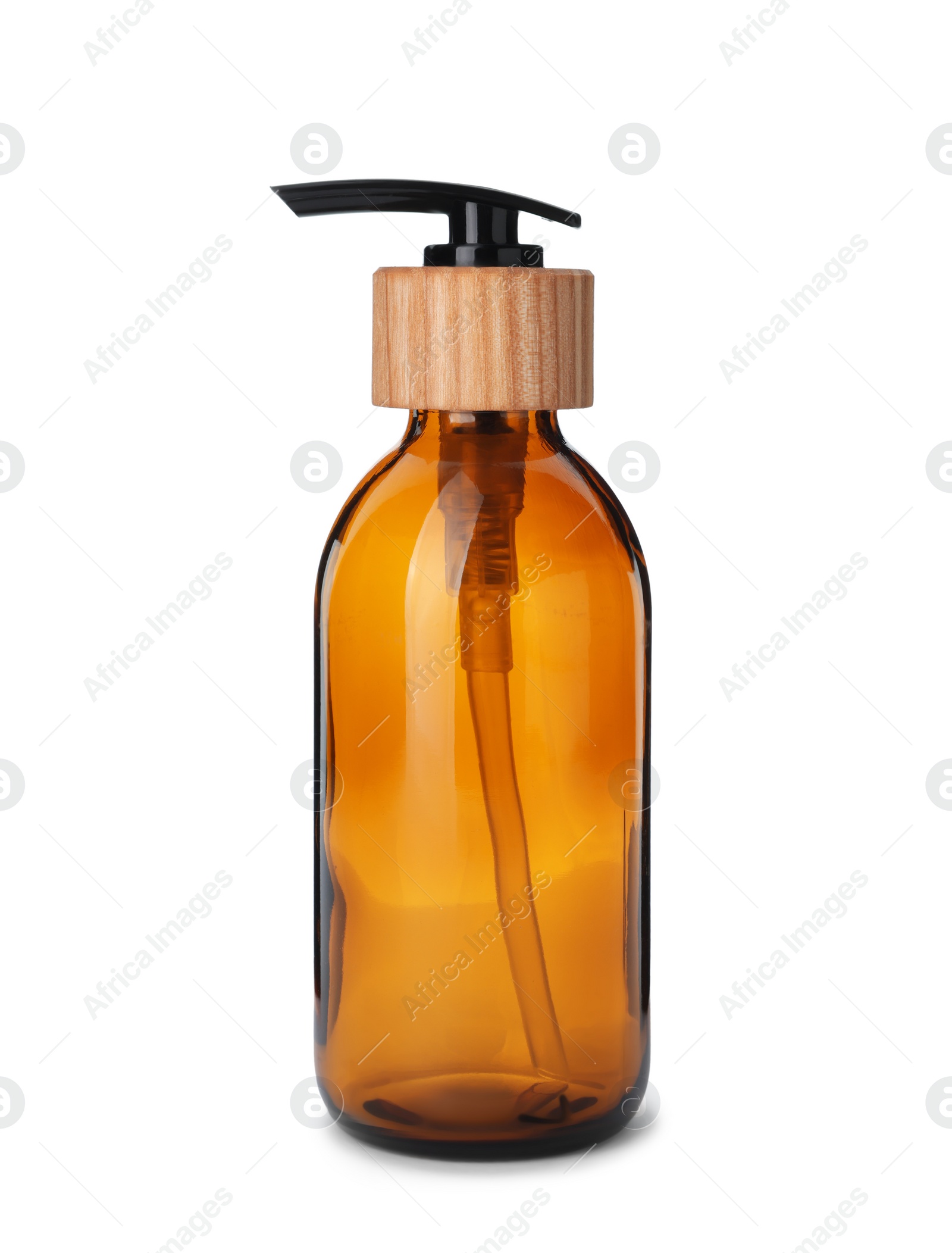 Photo of New empty glass bottle with dispenser cap isolated on white