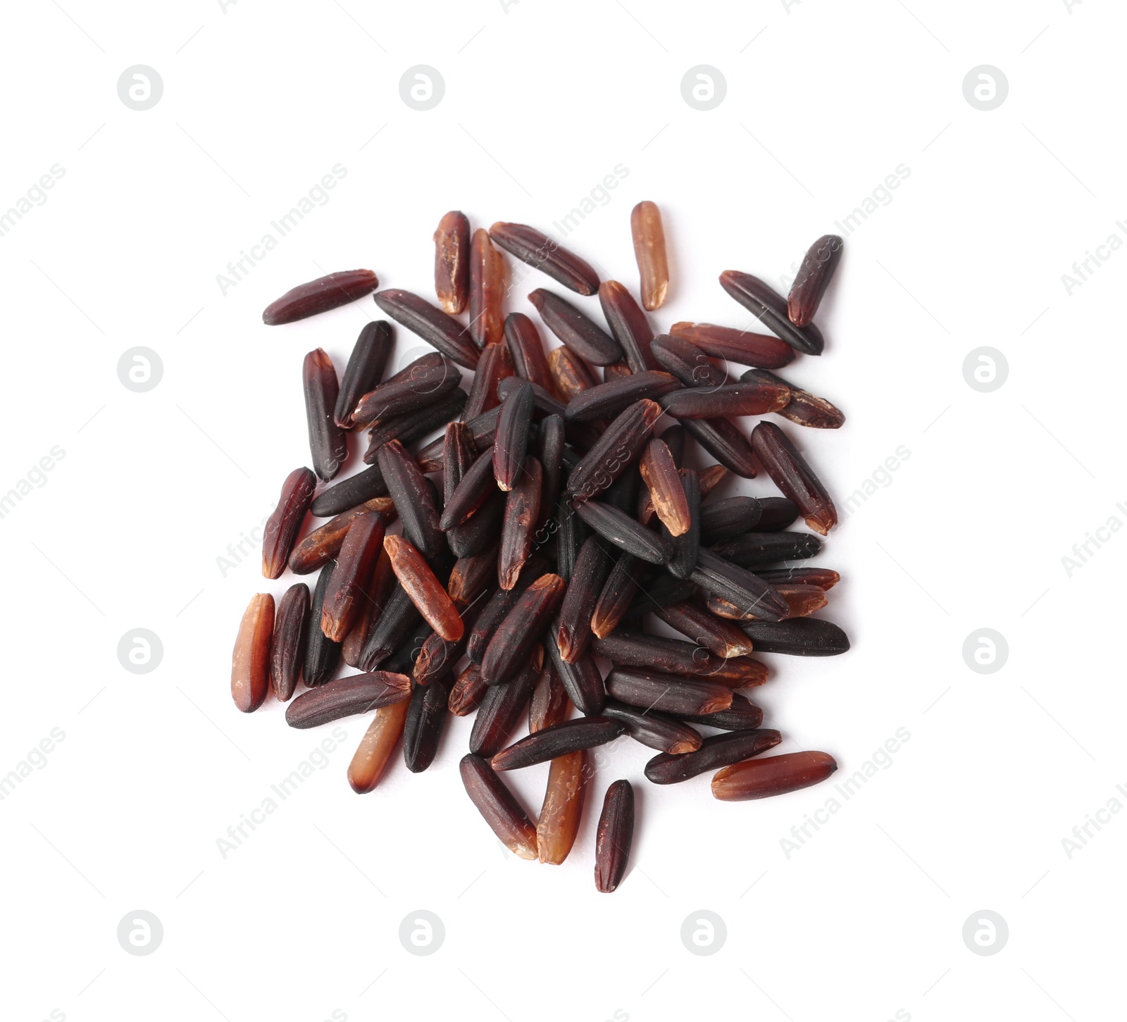 Photo of Uncooked black rice on white background, top view