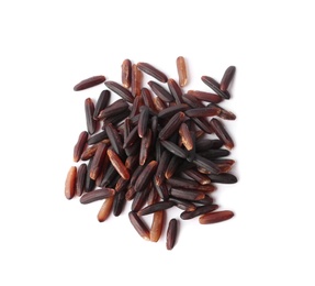 Uncooked black rice on white background, top view