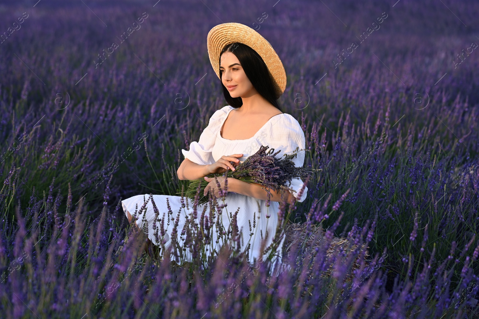 Photo of Beautiful young woman with bouquet sitting in lavender field