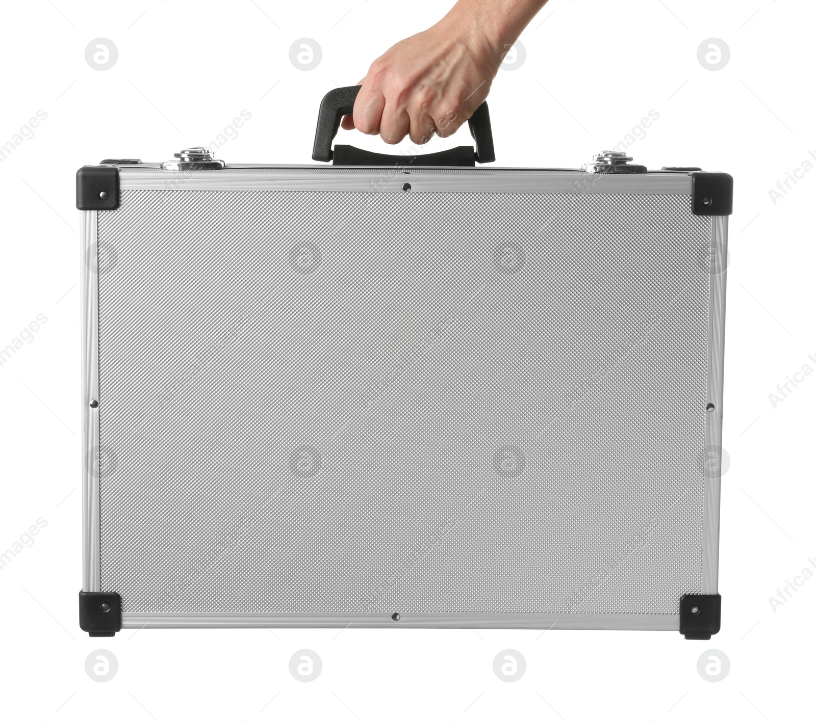 Photo of Man holding hard case isolated on white, closeup