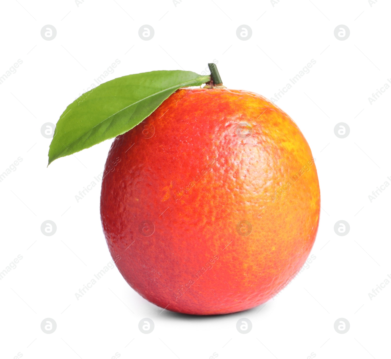 Photo of Whole ripe red orange with green leaf isolated on white