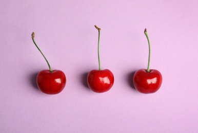 Juicy sweet cherries on lilac background, top view