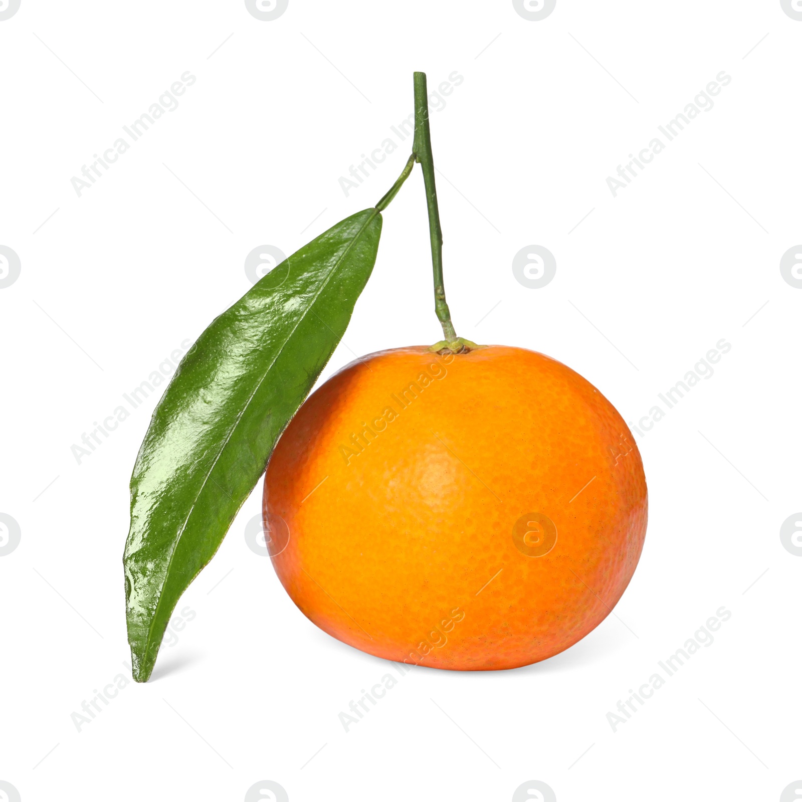 Photo of Fresh ripe juicy tangerine with green leaf isolated on white