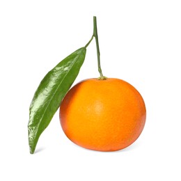 Photo of Fresh ripe juicy tangerine with green leaf isolated on white