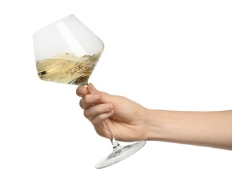 Woman with glass of wine isolated on white, closeup