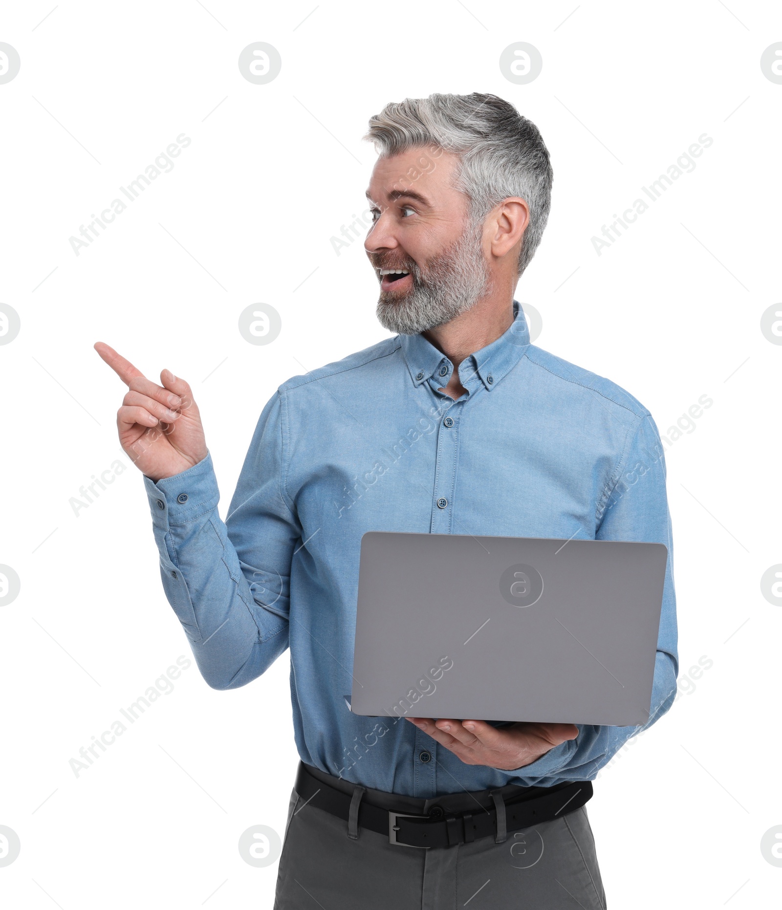 Photo of Mature businessman in stylish clothes with laptop on white background