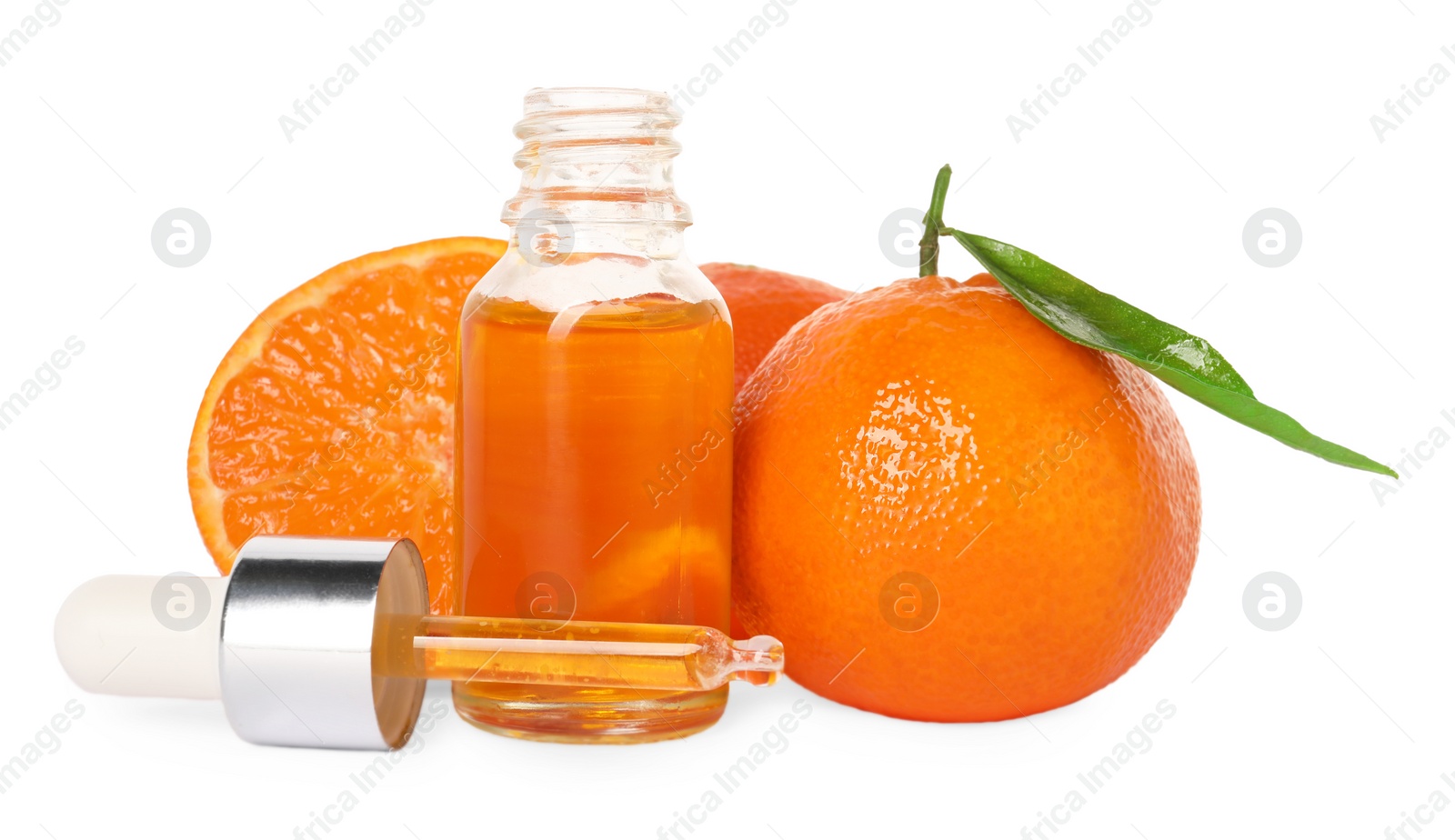 Photo of Aromatic tangerine essential oil in bottle, pipette and citrus fruits isolated on white