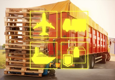 Image of Illustration of shipping icons and modern manual forklift with wooden pallets near truck outdoors on sunny day