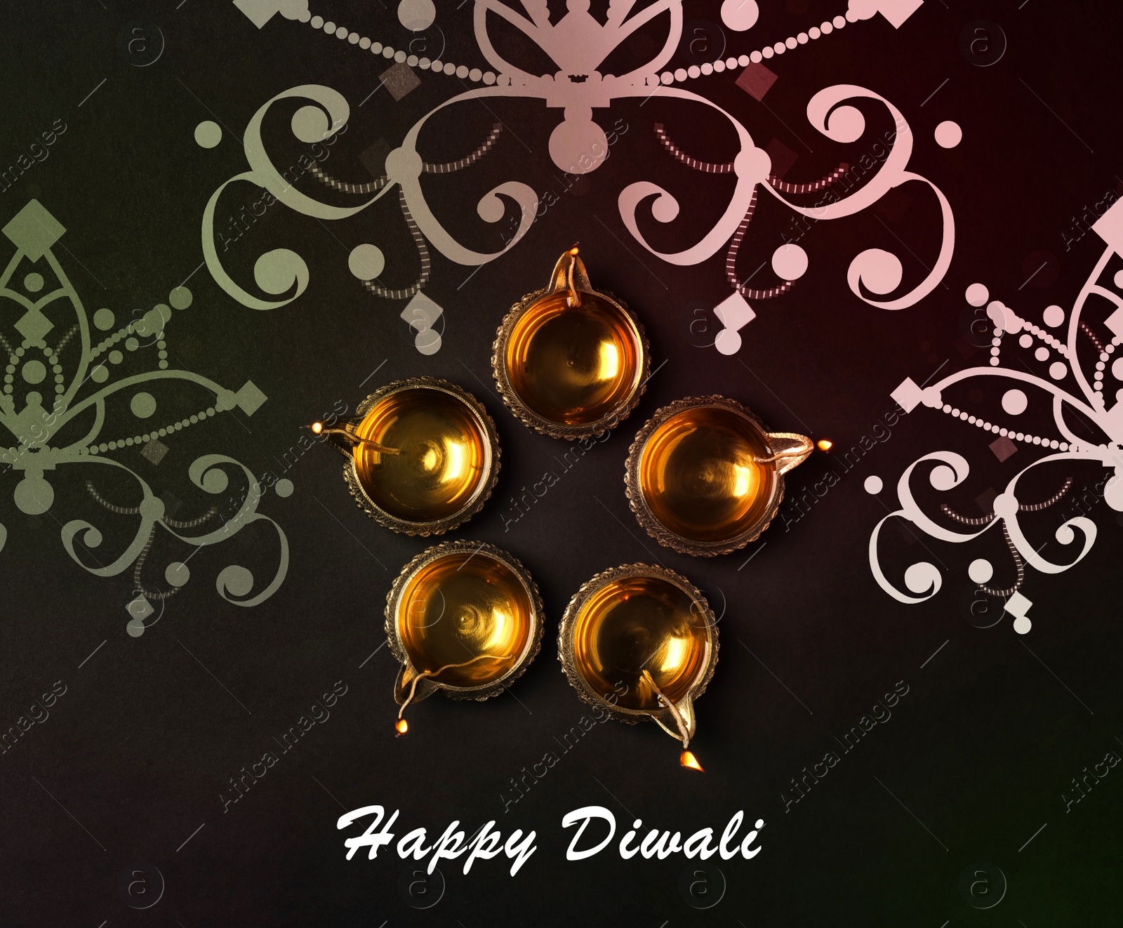 Image of Inscription Happy Diwali and clay lamps on dark background, flat lay 