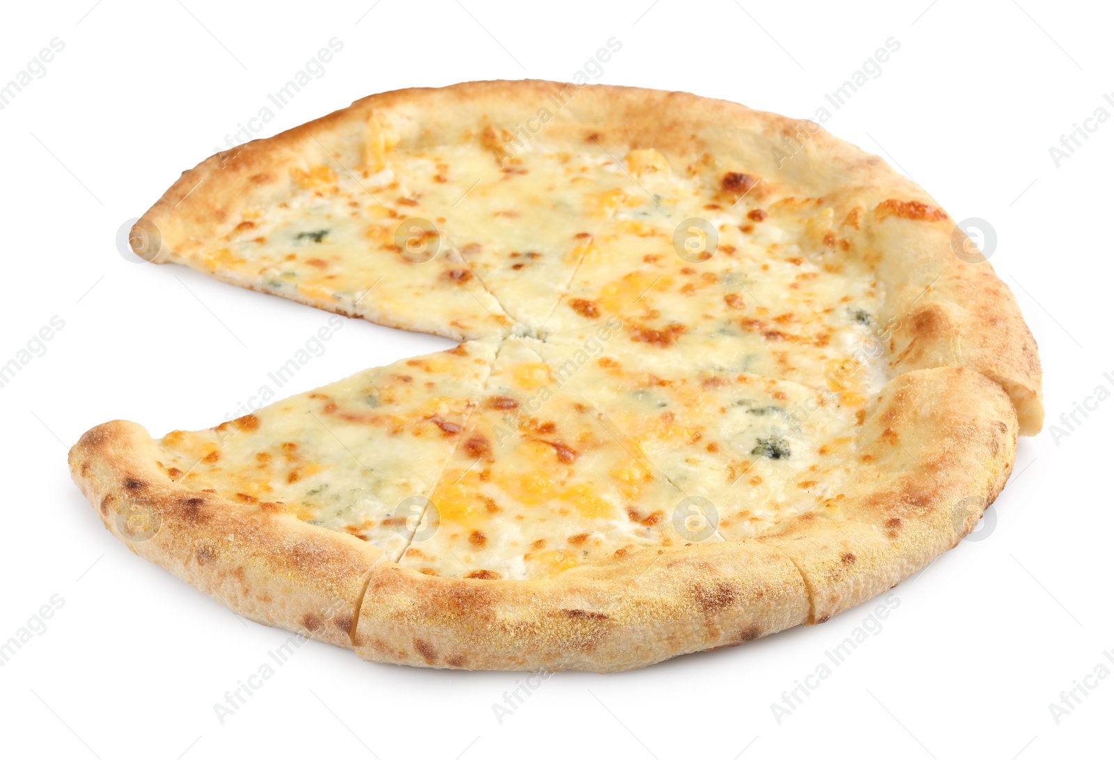 Photo of Delicious cut cheese pizza isolated on white