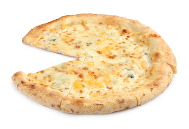 Photo of Delicious cut cheese pizza isolated on white