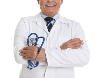 Senior doctor with stethoscope on white background, closeup