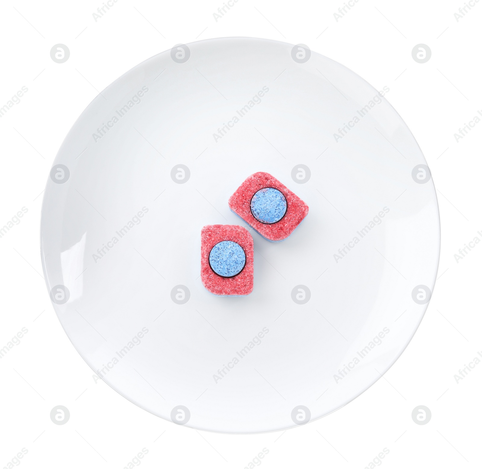 Photo of Plate with dishwasher detergent tablets on white background, top view