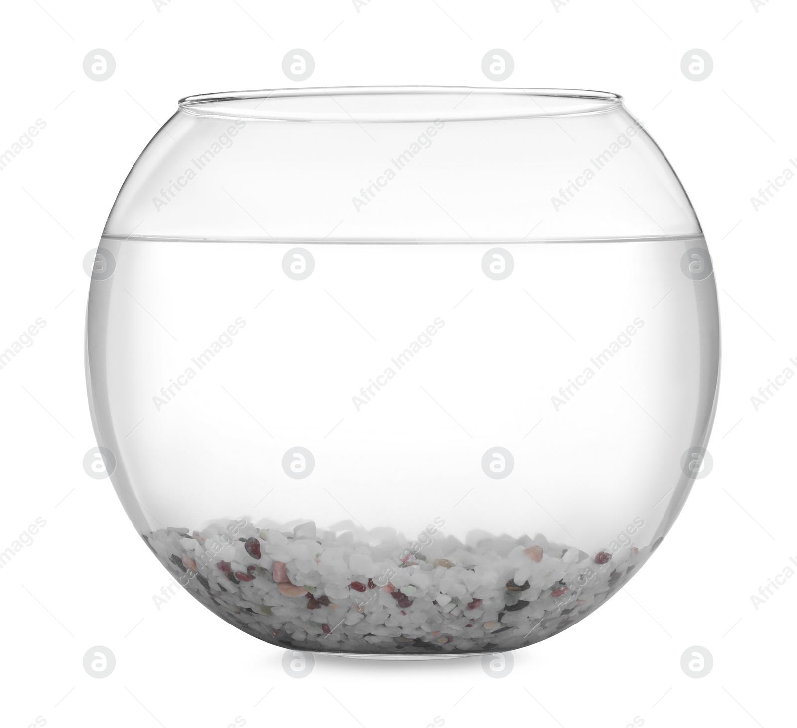Photo of Glass fish bowl with clear water and decorative pebble isolated on white
